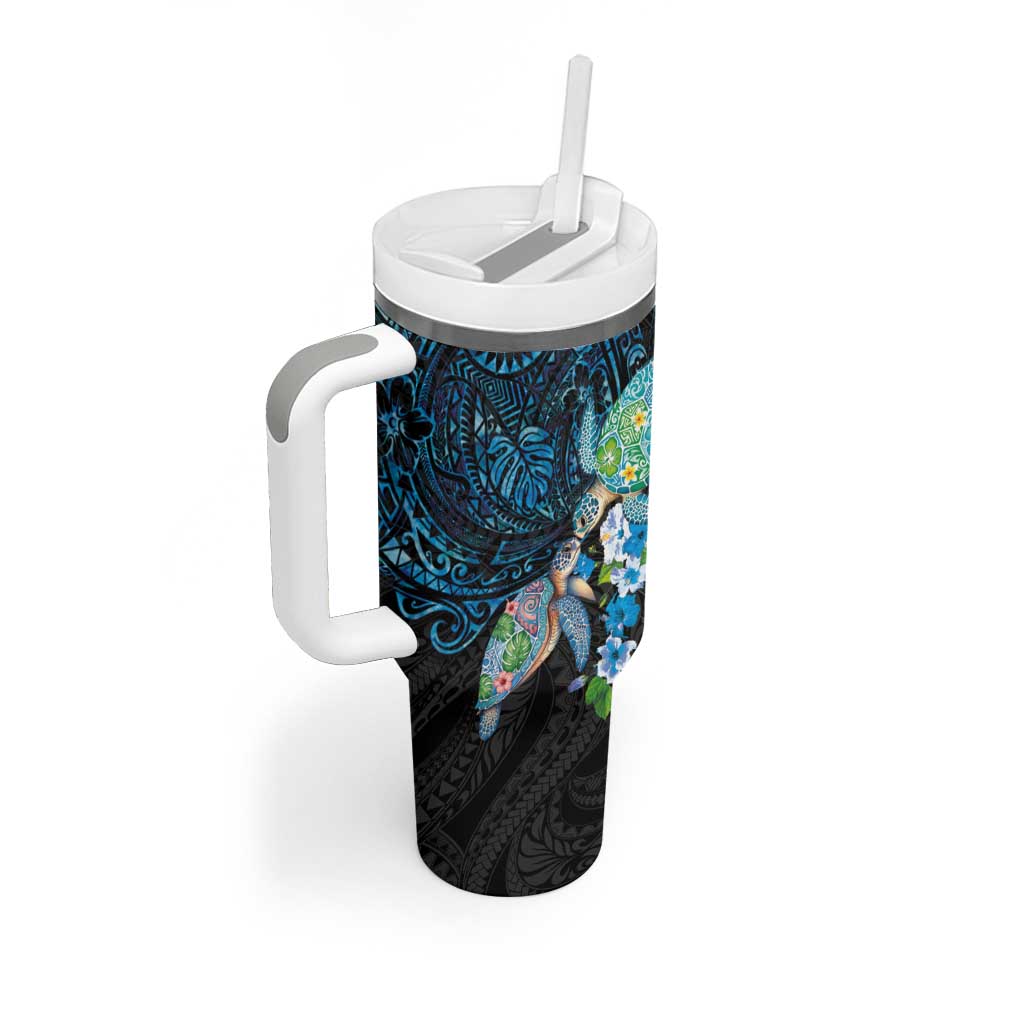 Hawaiian Couple Turtles Honi Tumbler With Handle Polynesian Art Motifs and Hibiscus Black Blue Color LT03 - Polynesian Pride