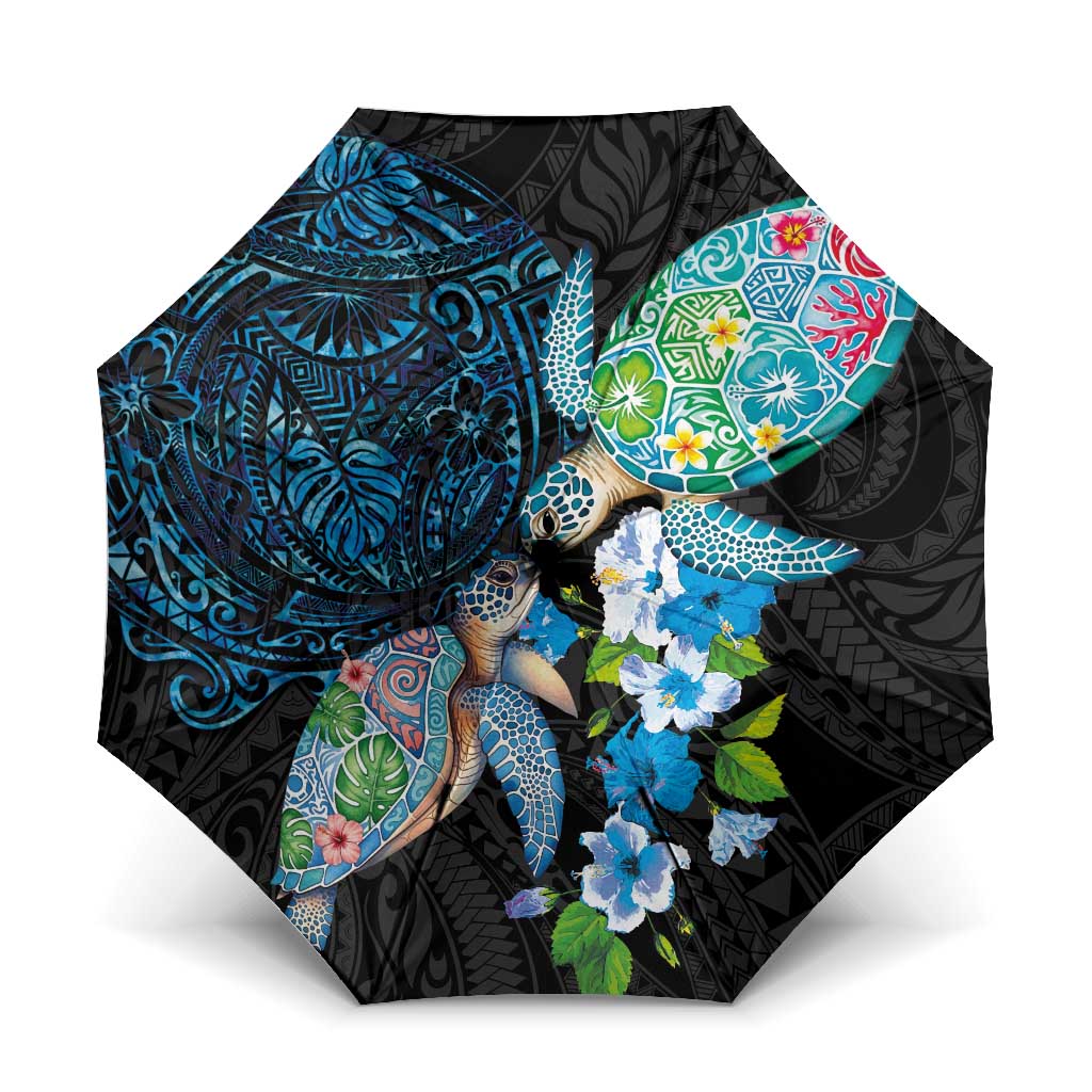 Hawaiian Couple Turtles Honi Umbrella Polynesian Art Motifs and Hibiscus Black Blue Color LT03 One Size Folded 11.42 inch Opened Diameter 37.4 inch Black - Polynesian Pride