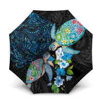 Hawaiian Couple Turtles Honi Umbrella Polynesian Art Motifs and Hibiscus Black Blue Color LT03 One Size Folded 11.42 inch Opened Diameter 37.4 inch Black - Polynesian Pride