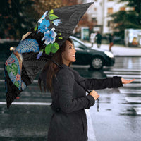Hawaiian Couple Turtles Honi Umbrella Polynesian Art Motifs and Hibiscus Black Blue Color LT03 - Polynesian Pride