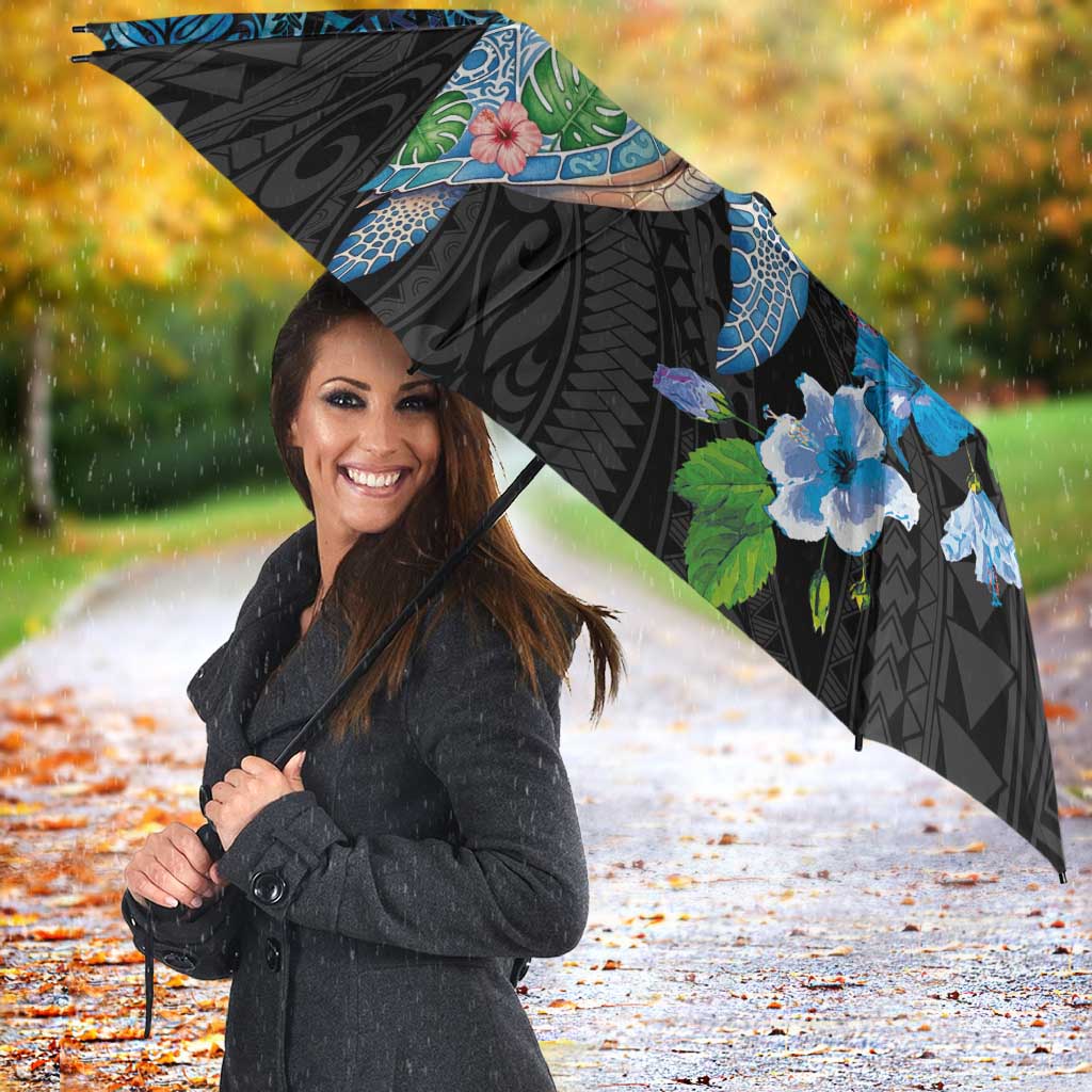 Hawaiian Couple Turtles Honi Umbrella Polynesian Art Motifs and Hibiscus Black Blue Color LT03 - Polynesian Pride