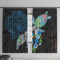 Hawaiian Couple Turtles Honi Window Curtain Polynesian Art Motifs and Hibiscus Black Blue Color LT03 With Hooks Black - Polynesian Pride