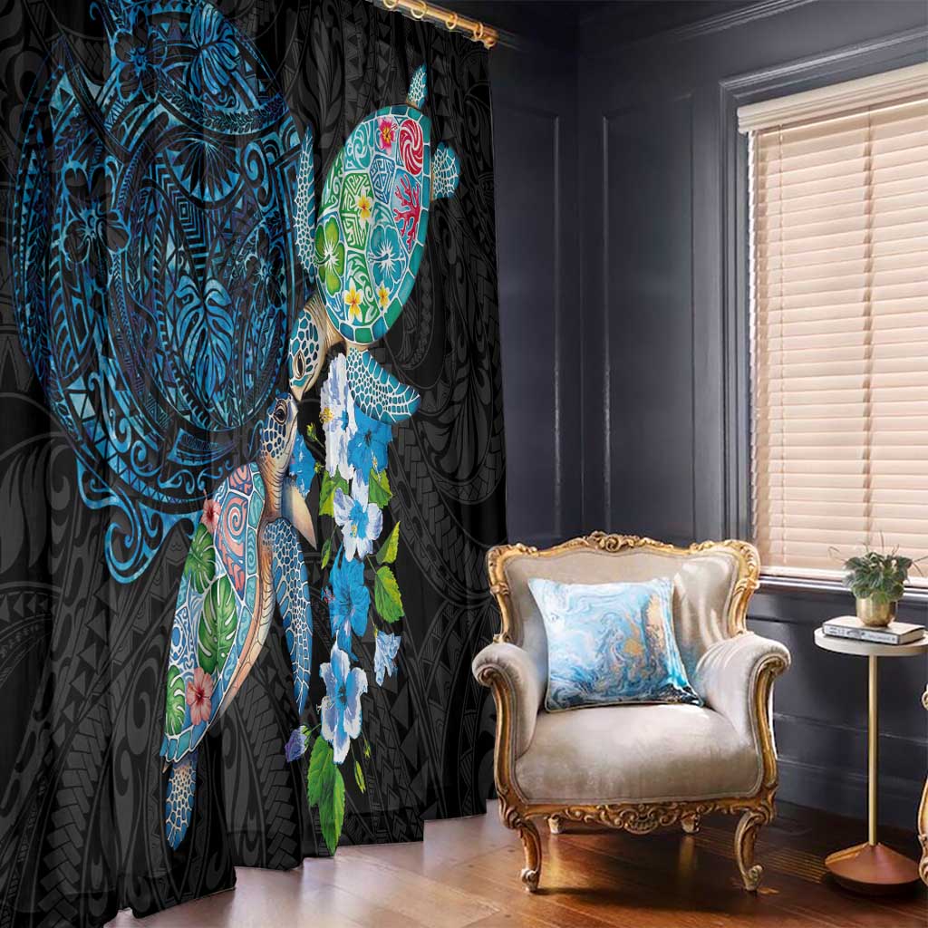 Hawaiian Couple Turtles Honi Window Curtain Polynesian Art Motifs and Hibiscus Black Blue Color LT03 - Polynesian Pride