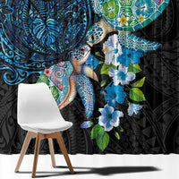 Hawaiian Couple Turtles Honi Window Curtain Polynesian Art Motifs and Hibiscus Black Blue Color LT03 - Polynesian Pride
