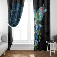 Hawaiian Couple Turtles Honi Window Curtain Polynesian Art Motifs and Hibiscus Black Blue Color LT03 - Polynesian Pride