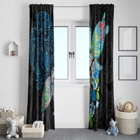 Hawaiian Couple Turtles Honi Window Curtain Polynesian Art Motifs and Hibiscus Black Blue Color LT03 - Polynesian Pride