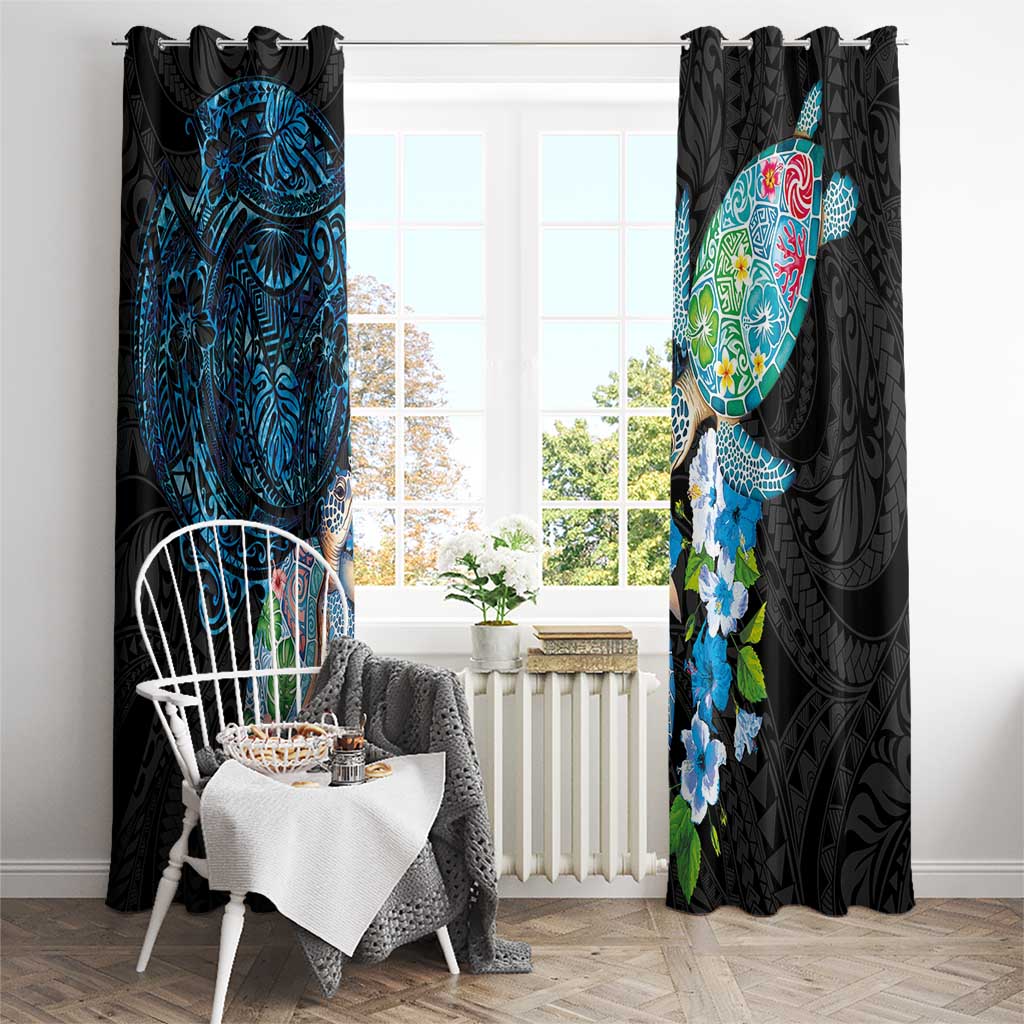 Hawaiian Couple Turtles Honi Window Curtain Polynesian Art Motifs and Hibiscus Black Blue Color LT03 - Polynesian Pride