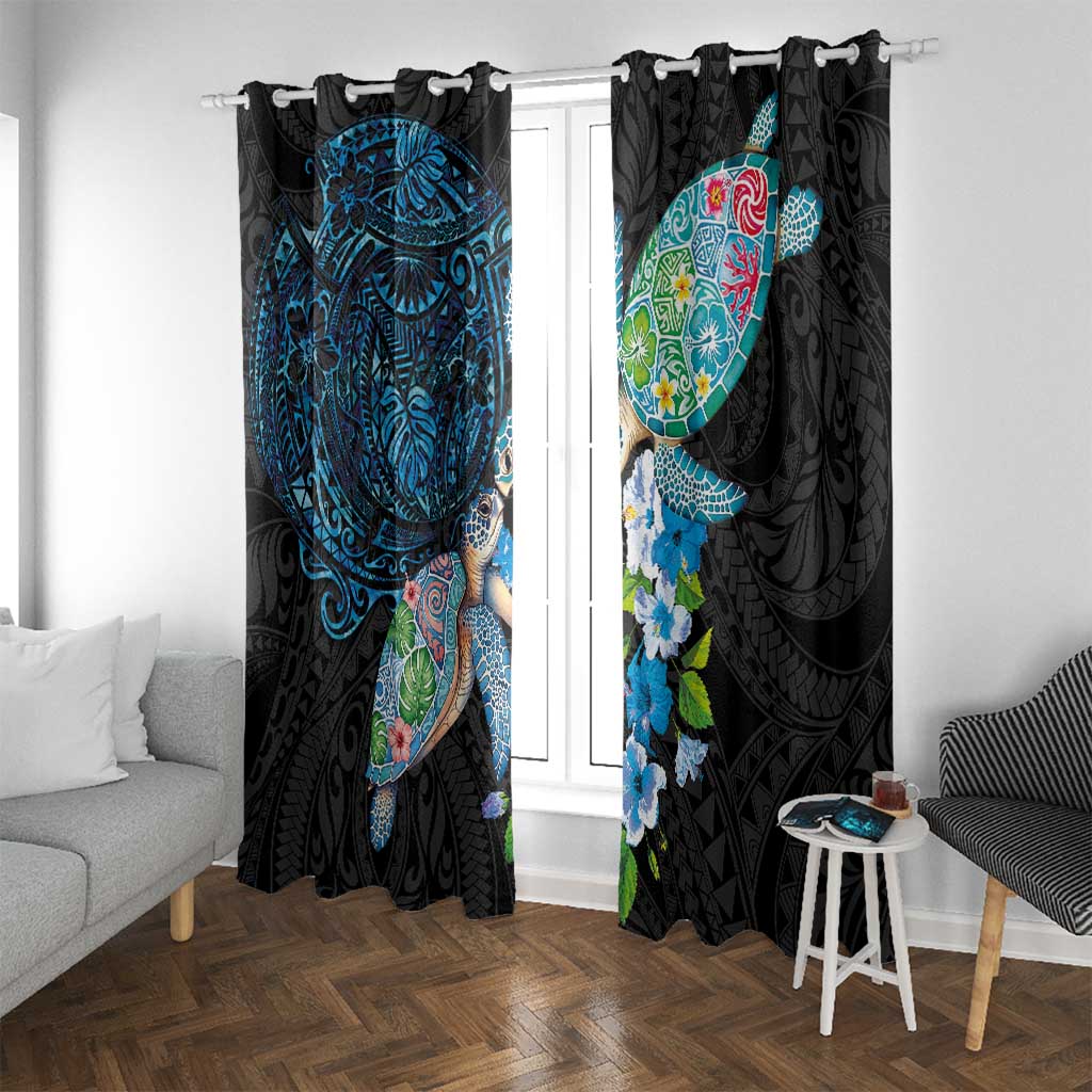 Hawaiian Couple Turtles Honi Window Curtain Polynesian Art Motifs and Hibiscus Black Blue Color LT03 With Grommets Black - Polynesian Pride