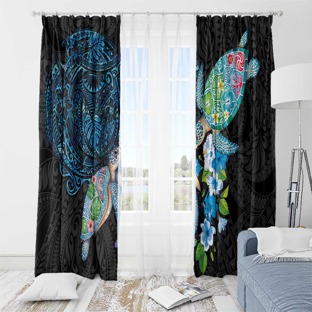 Hawaiian Couple Turtles Honi Window Curtain Polynesian Art Motifs and Hibiscus Black Blue Color LT03 - Polynesian Pride
