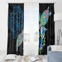 Hawaiian Couple Turtles Honi Window Curtain Polynesian Art Motifs and Hibiscus Black Blue Color LT03 - Polynesian Pride