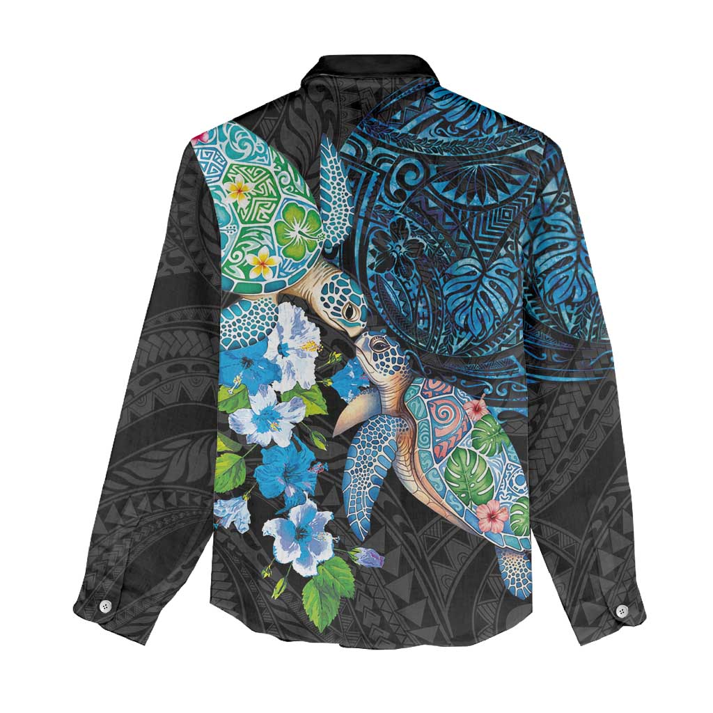 Hawaiian Couple Turtles Honi Women Casual Shirt Polynesian Art Motifs and Hibiscus Black Blue Color - Polynesian Pride