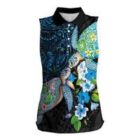 Hawaiian Couple Turtles Honi Women Sleeveless Polo Shirt Polynesian Art Motifs and Hibiscus Black Blue Color LT03 Female Black - Polynesian Pride
