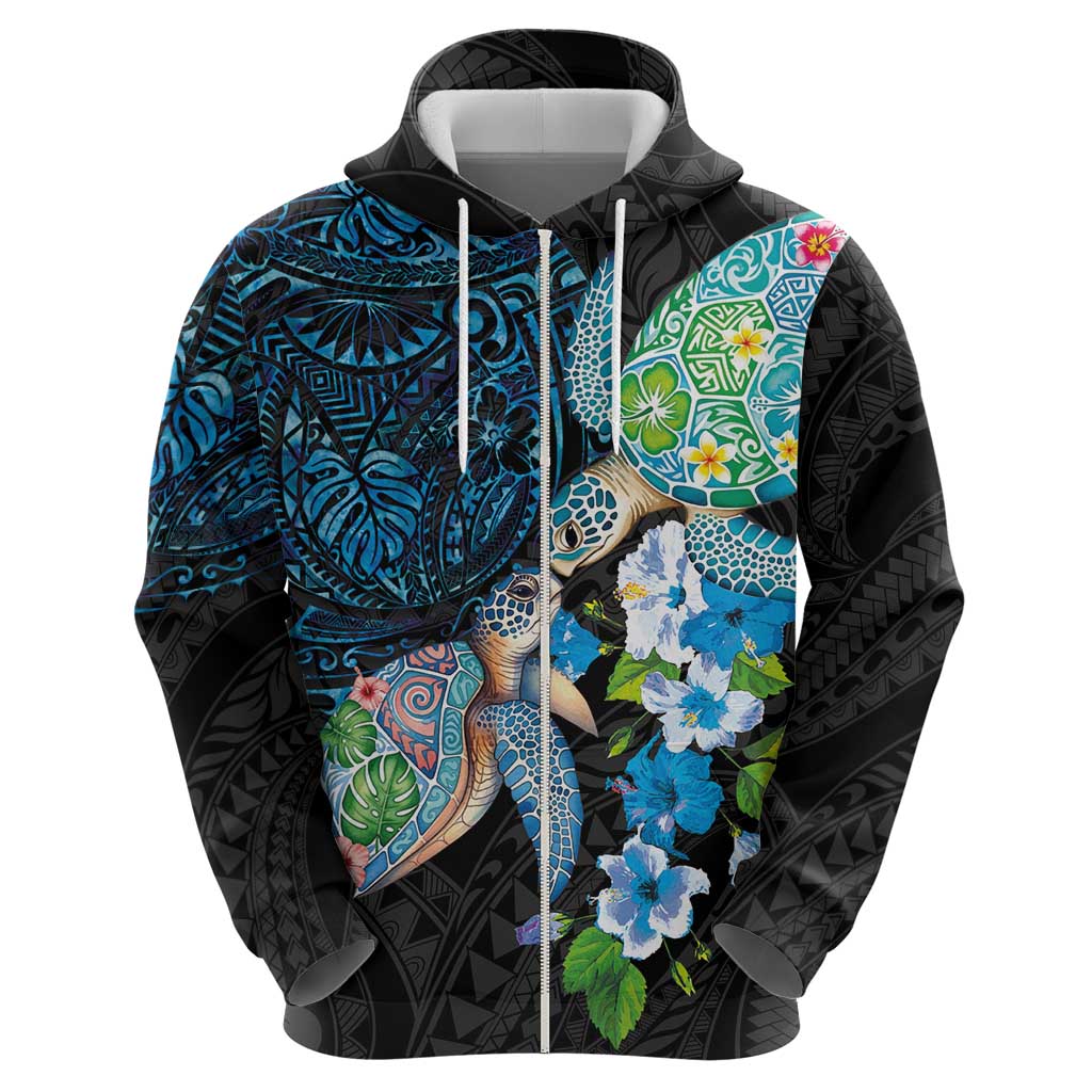Hawaiian Couple Turtles Honi Zip Hoodie Polynesian Art Motifs and Hibiscus Black Blue Color LT03 - Polynesian Pride