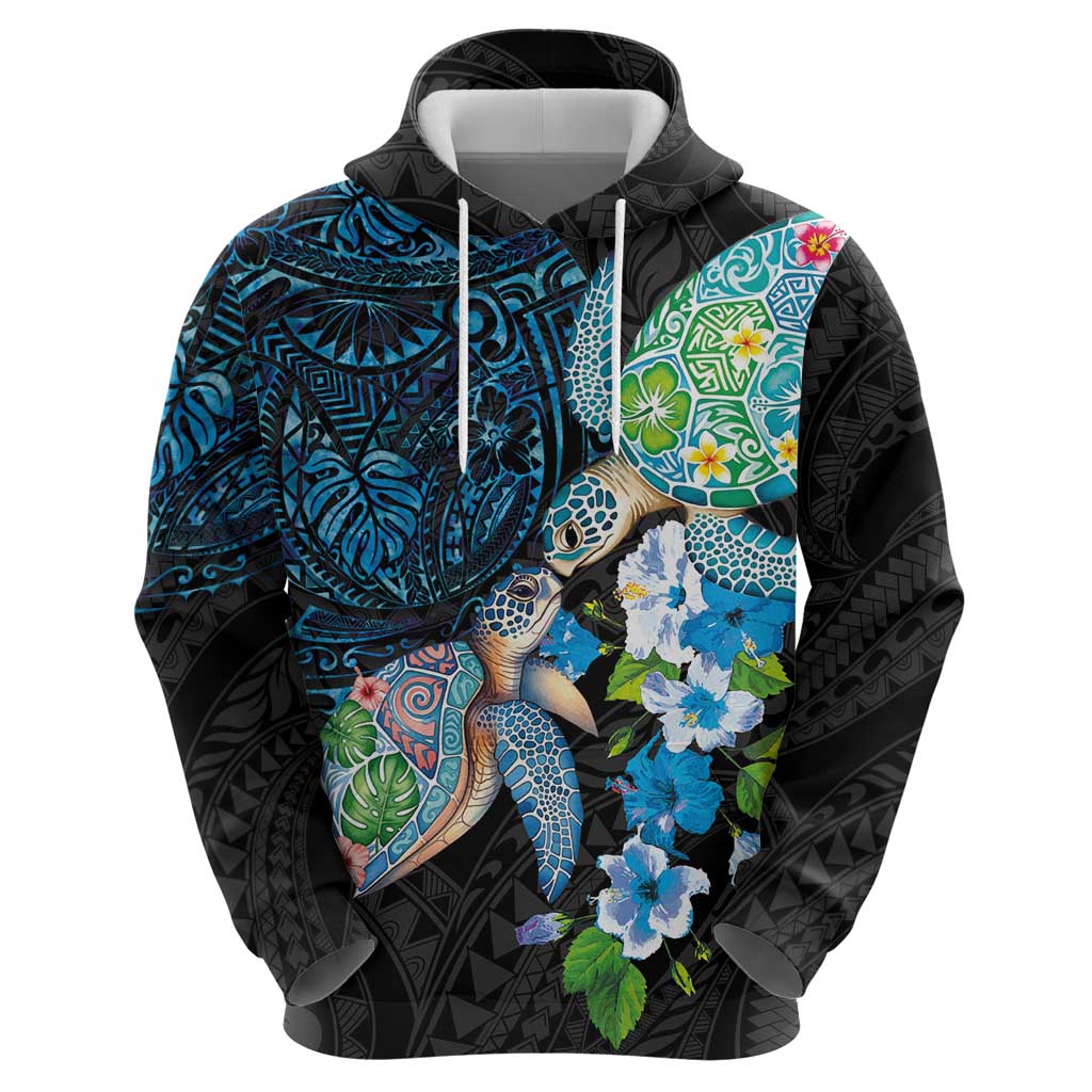 Hawaiian Couple Turtles Honi Zip Hoodie Polynesian Art Motifs and Hibiscus Black Blue Color LT03 - Polynesian Pride