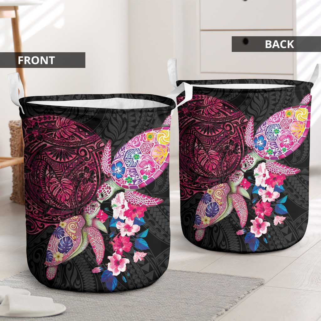 Hawaiian Couple Turtles Honi Laundry Basket Polynesian Art Motifs and Hibiscus Black Red Color LT03 - Polynesian Pride