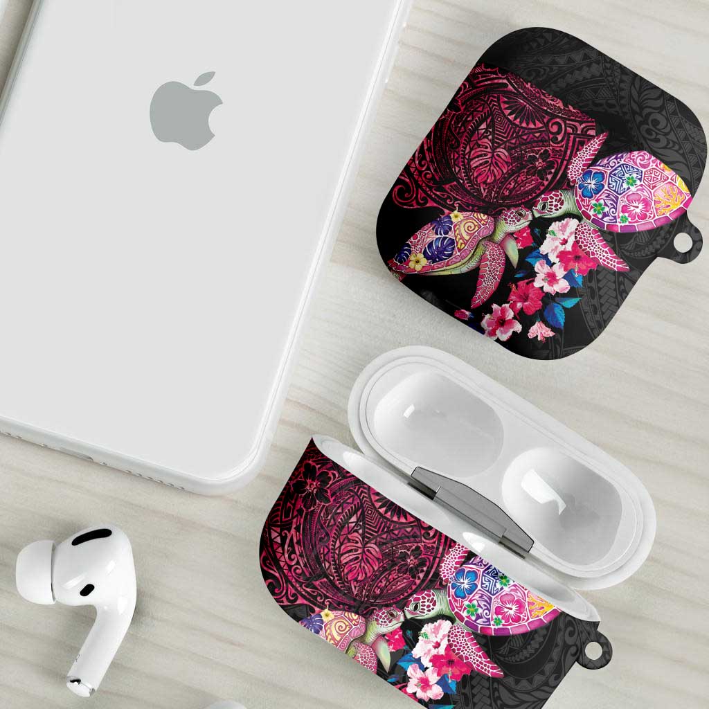 Hawaiian Couple Turtles Honi AirPods Case Polynesian Art Motifs and Hibiscus Black Red Color LT03 - Polynesian Pride
