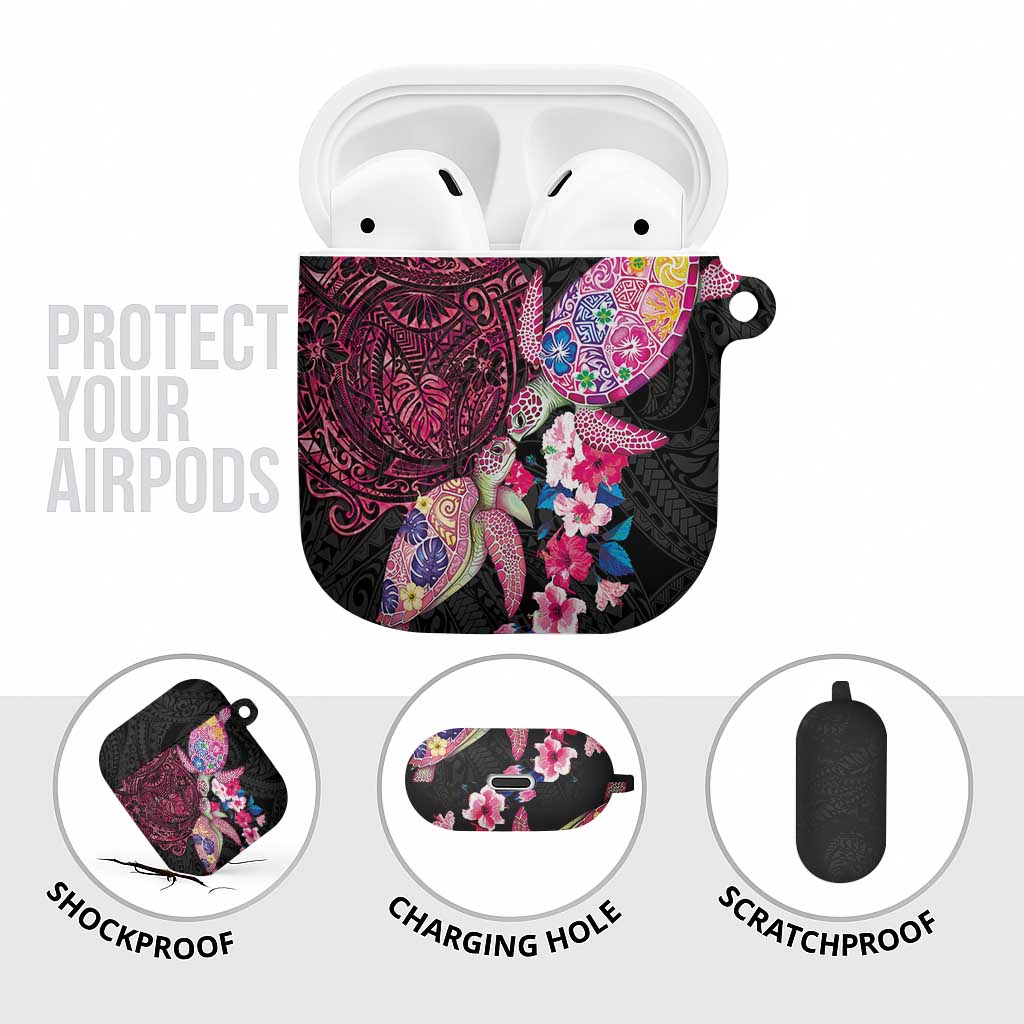 Hawaiian Couple Turtles Honi AirPods Case Polynesian Art Motifs and Hibiscus Black Red Color LT03 - Polynesian Pride
