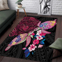 Hawaiian Couple Turtles Honi Area Rug Polynesian Art Motifs and Hibiscus Black Red Color LT03 Black - Polynesian Pride