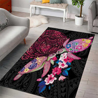 Hawaiian Couple Turtles Honi Area Rug Polynesian Art Motifs and Hibiscus Black Red Color LT03 - Polynesian Pride