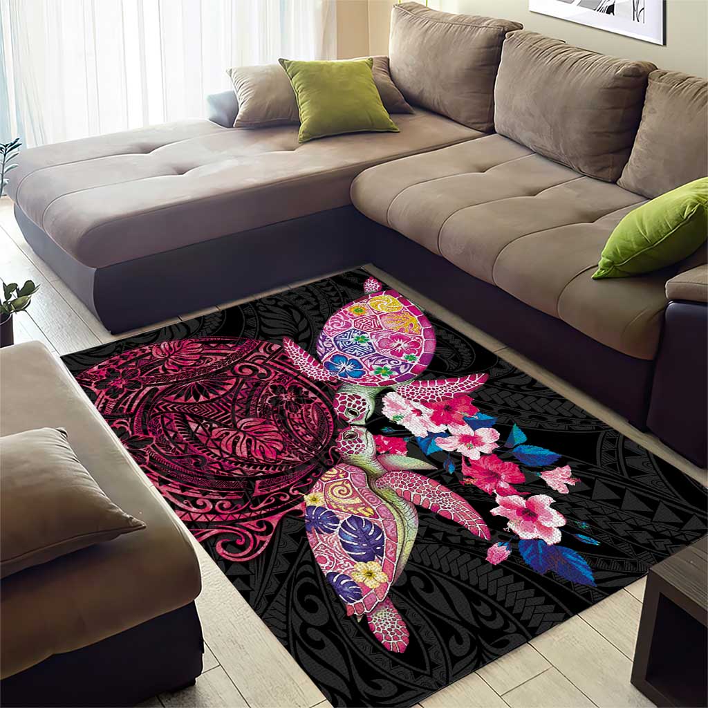 Hawaiian Couple Turtles Honi Area Rug Polynesian Art Motifs and Hibiscus Black Red Color LT03 - Polynesian Pride