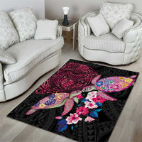 Hawaiian Couple Turtles Honi Area Rug Polynesian Art Motifs and Hibiscus Black Red Color LT03 - Polynesian Pride
