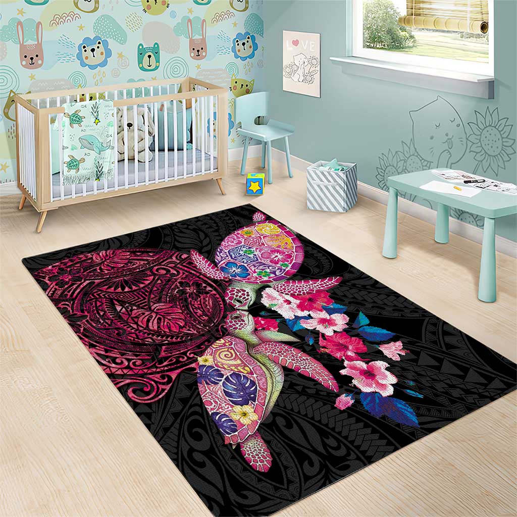 Hawaiian Couple Turtles Honi Area Rug Polynesian Art Motifs and Hibiscus Black Red Color LT03 - Polynesian Pride
