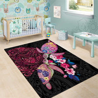 Hawaiian Couple Turtles Honi Area Rug Polynesian Art Motifs and Hibiscus Black Red Color LT03 - Polynesian Pride