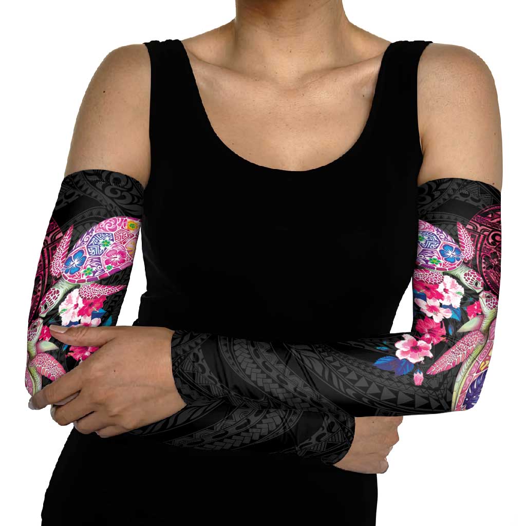 Hawaiian Couple Turtles Honi Arm Sleeves Polynesian Art Motifs and Hibiscus Black Red Color LT03 - Polynesian Pride