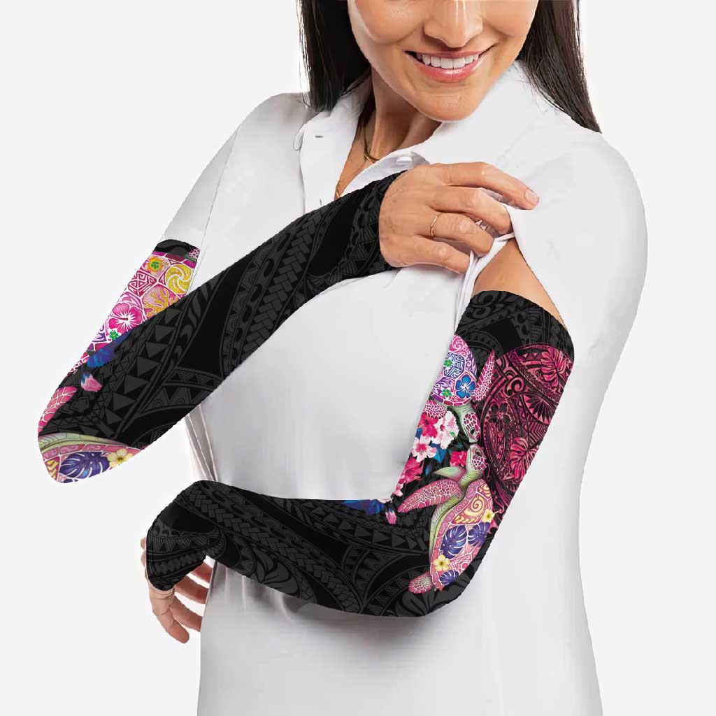 Hawaiian Couple Turtles Honi Arm Sleeves Polynesian Art Motifs and Hibiscus Black Red Color LT03 - Polynesian Pride