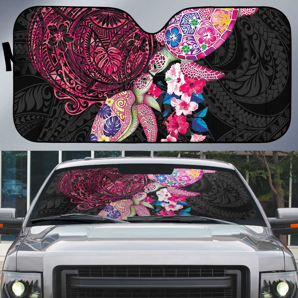 Hawaiian Couple Turtles Honi Auto Sun Shade Polynesian Art Motifs and Hibiscus Black Red Color LT03 Black - Polynesian Pride
