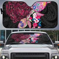 Hawaiian Couple Turtles Honi Auto Sun Shade Polynesian Art Motifs and Hibiscus Black Red Color LT03 Black - Polynesian Pride