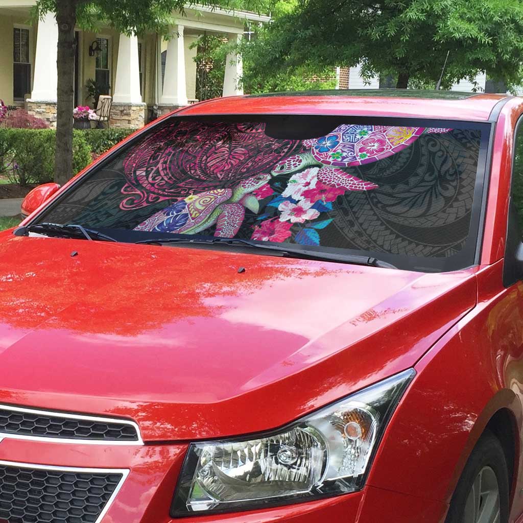 Hawaiian Couple Turtles Honi Auto Sun Shade Polynesian Art Motifs and Hibiscus Black Red Color LT03 - Polynesian Pride