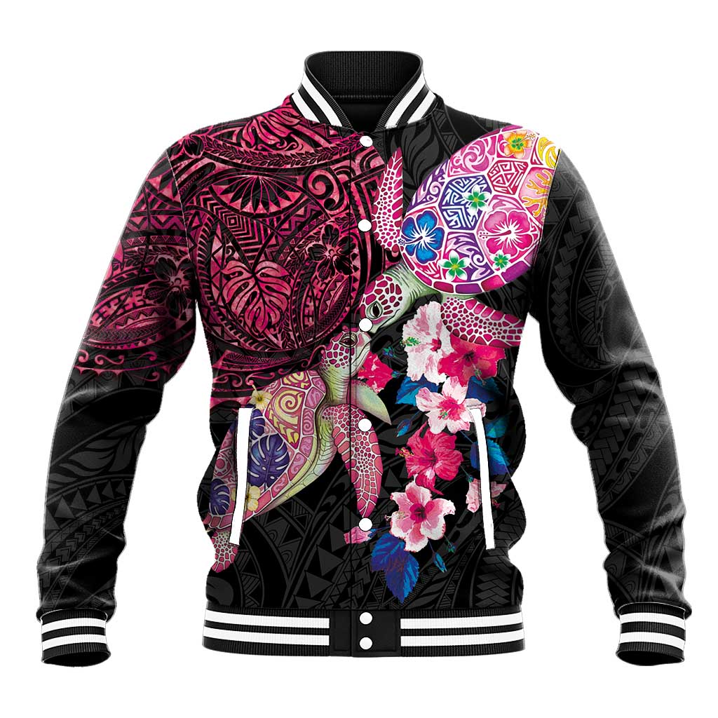 Hawaiian Couple Turtles Honi Baseball Jacket Polynesian Art Motifs and Hibiscus Black Red Color LT03 Unisex Black - Polynesian Pride
