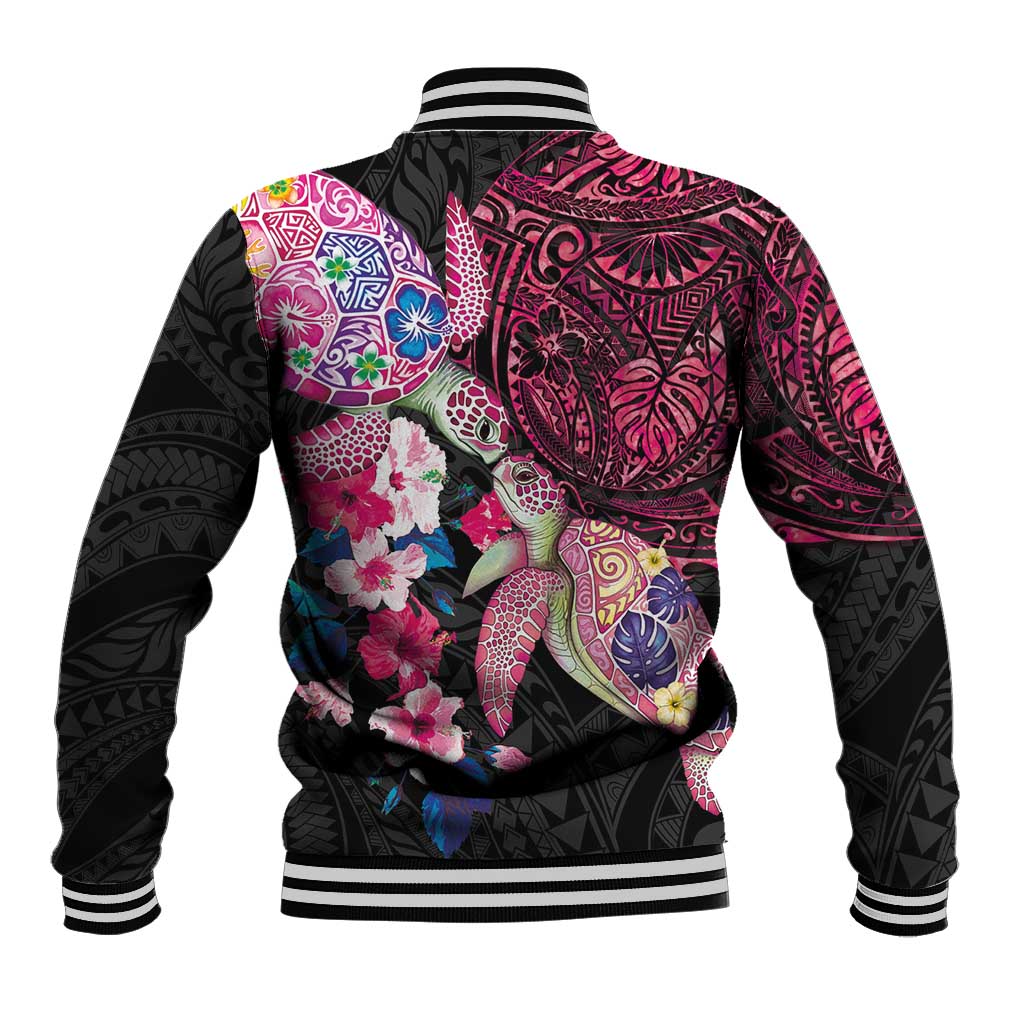 Hawaiian Couple Turtles Honi Baseball Jacket Polynesian Art Motifs and Hibiscus Black Red Color LT03 - Polynesian Pride