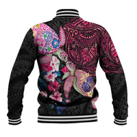 Hawaiian Couple Turtles Honi Baseball Jacket Polynesian Art Motifs and Hibiscus Black Red Color LT03 - Polynesian Pride