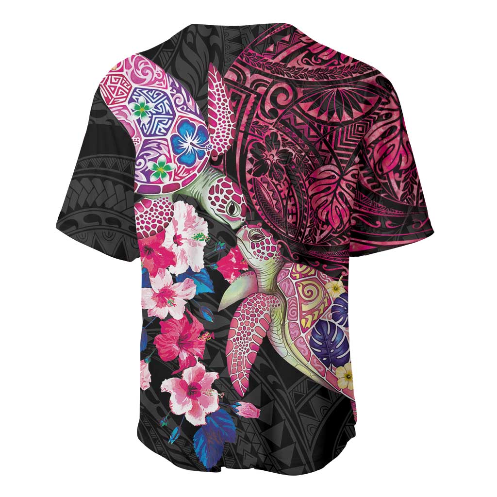 Hawaiian Couple Turtles Honi Baseball Jersey Polynesian Art Motifs and Hibiscus Black Red Color LT03 - Polynesian Pride