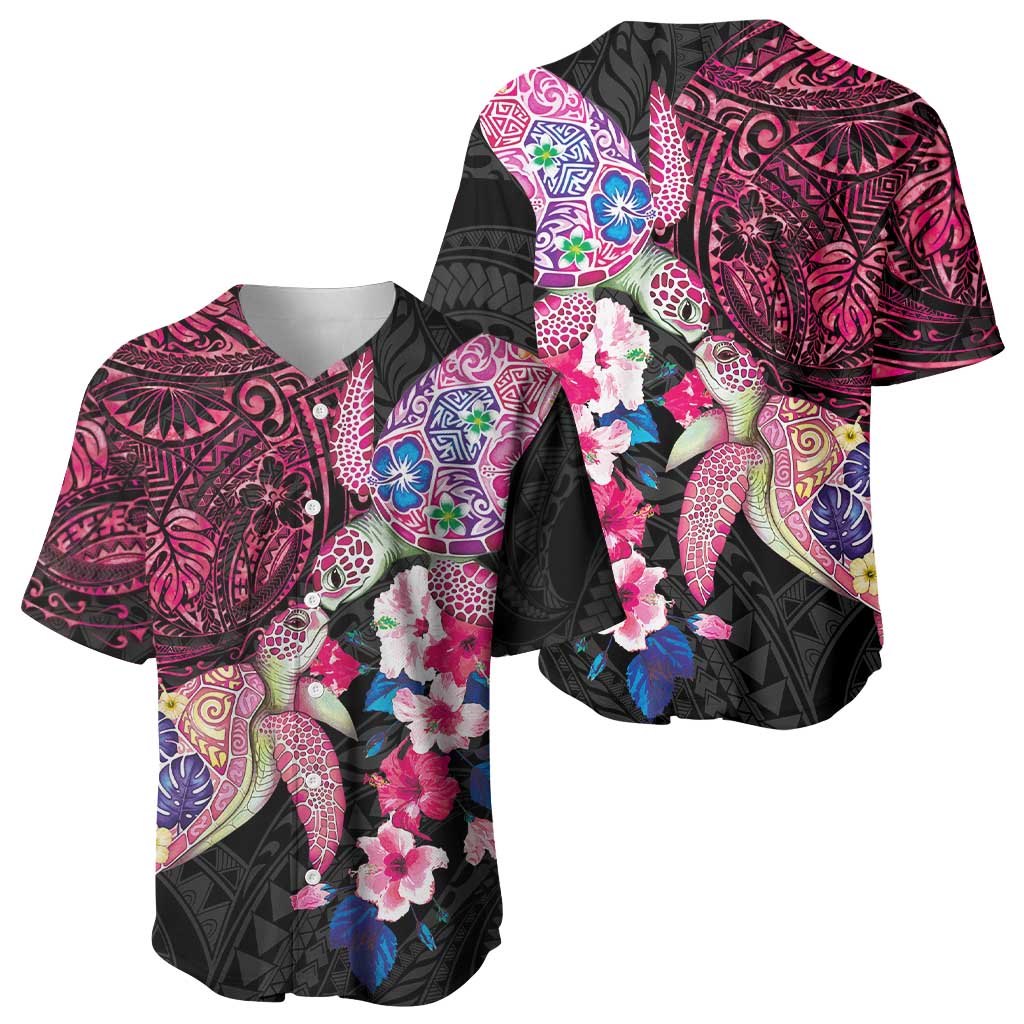 Hawaiian Couple Turtles Honi Baseball Jersey Polynesian Art Motifs and Hibiscus Black Red Color LT03 - Polynesian Pride