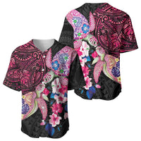Hawaiian Couple Turtles Honi Baseball Jersey Polynesian Art Motifs and Hibiscus Black Red Color LT03 - Polynesian Pride