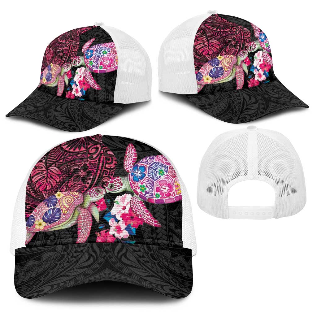 Hawaiian Couple Turtles Honi Baseball Net Cap Polynesian Art Motifs and Hibiscus Black Red Color LT03 - Polynesian Pride