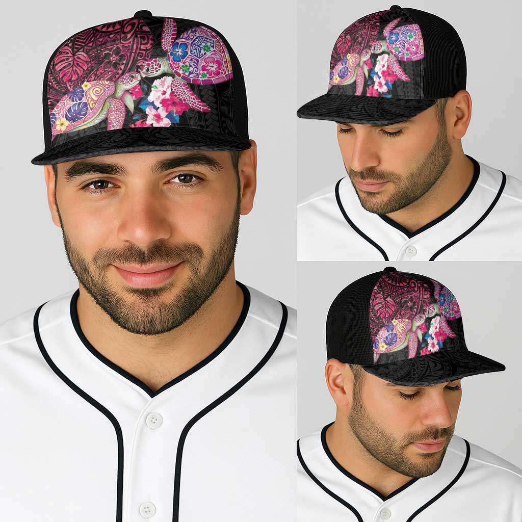 Hawaiian Couple Turtles Honi Baseball Net Cap Polynesian Art Motifs and Hibiscus Black Red Color LT03 - Polynesian Pride