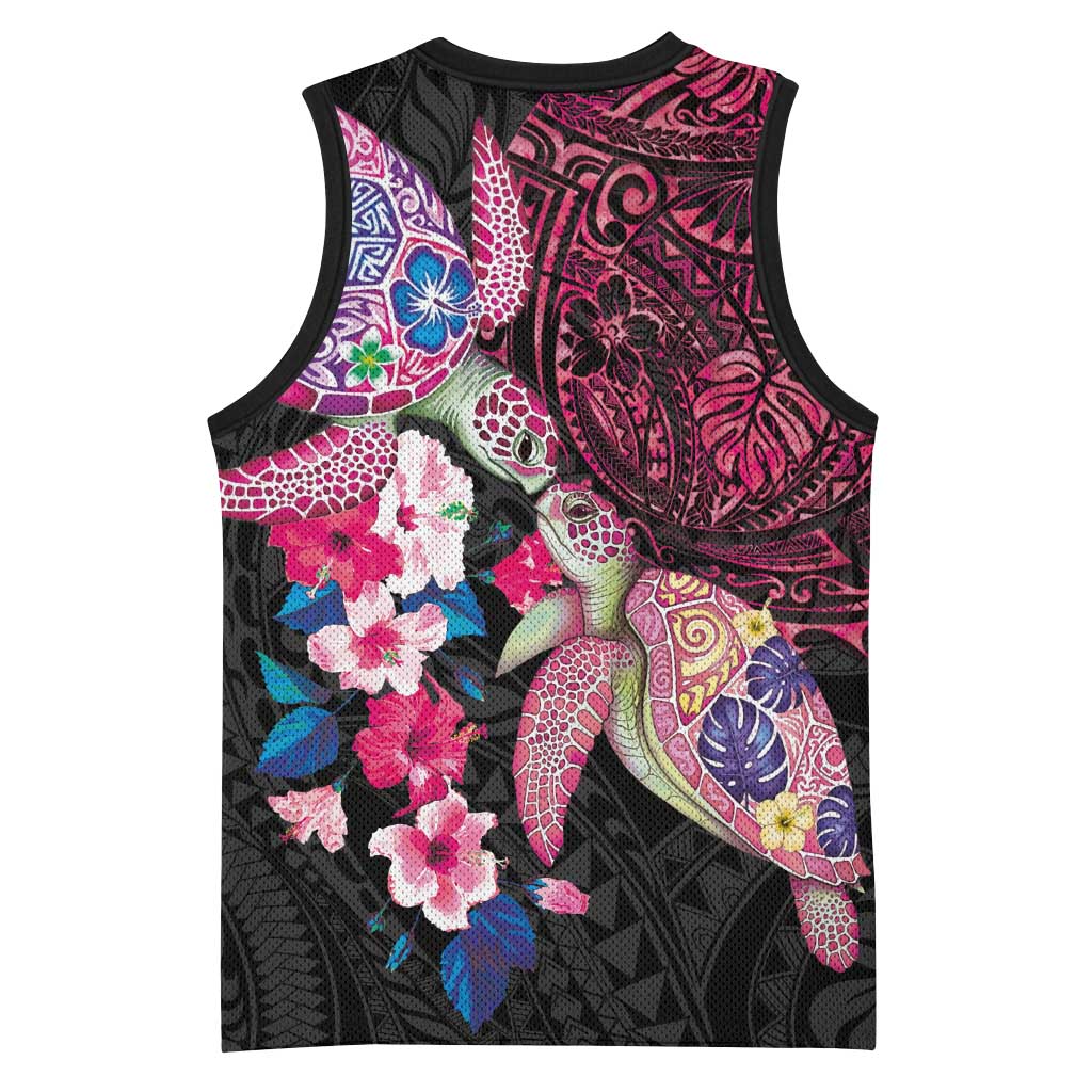 Hawaiian Couple Turtles Honi Basketball Jersey Polynesian Art Motifs and Hibiscus Black Red Color LT03 - Polynesian Pride