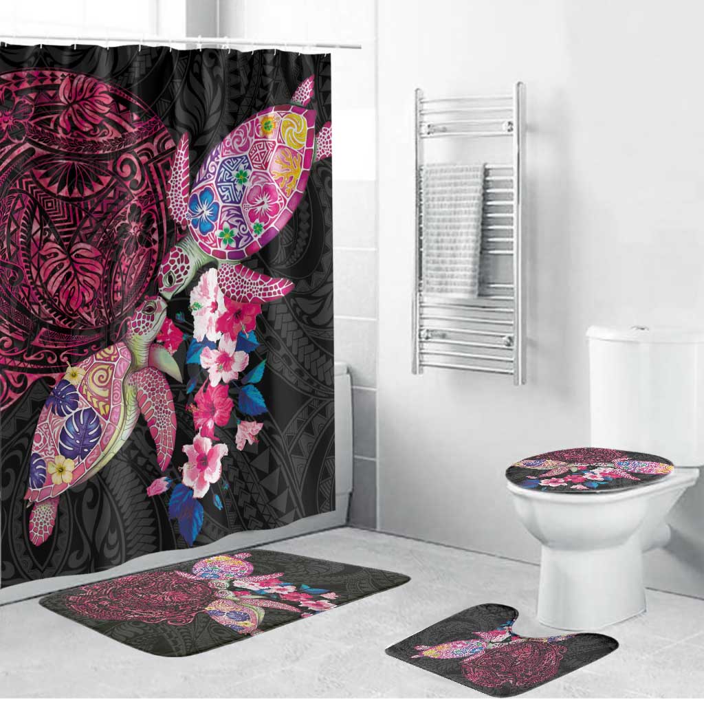 Hawaiian Couple Turtles Honi Bathroom Set Polynesian Art Motifs and Hibiscus Black Red Color LT03 Bathroom Set (4 pcs) Black - Polynesian Pride