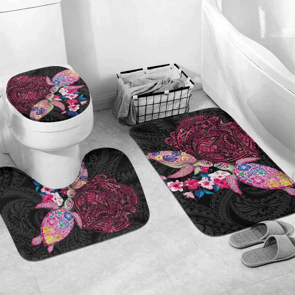 Hawaiian Couple Turtles Honi Bathroom Set Polynesian Art Motifs and Hibiscus Black Red Color LT03 Mat Set Only (3 pcs) One Size Black - Polynesian Pride