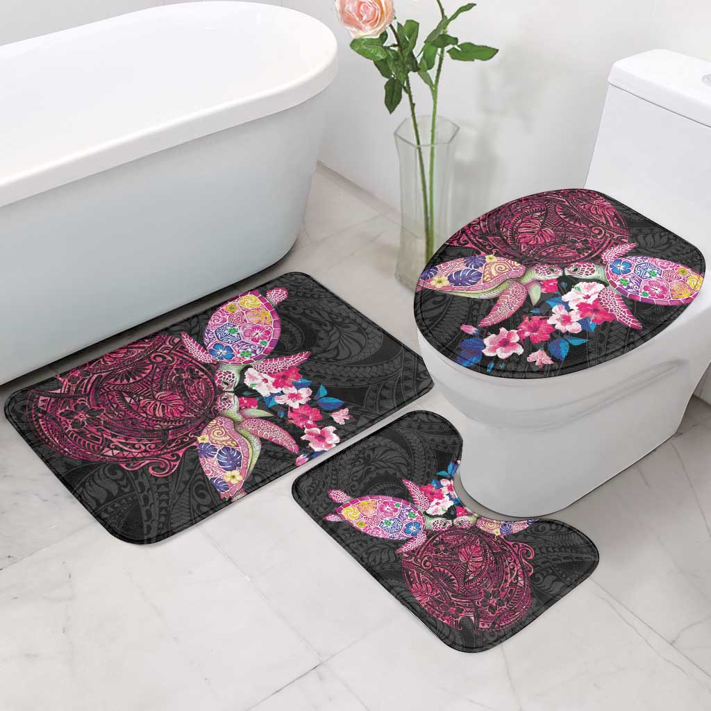 Hawaiian Couple Turtles Honi Bathroom Set Polynesian Art Motifs and Hibiscus Black Red Color LT03 - Polynesian Pride