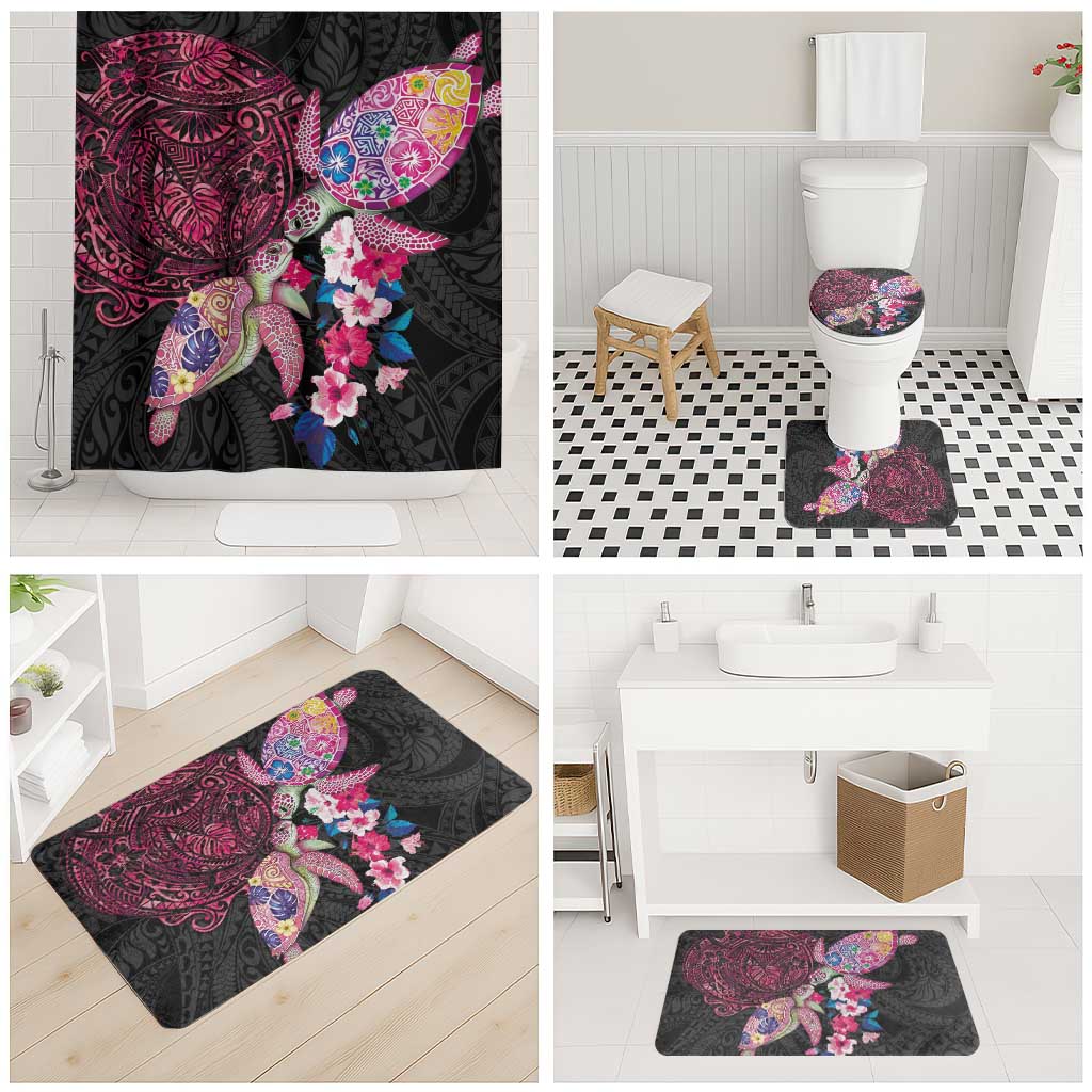 Hawaiian Couple Turtles Honi Bathroom Set Polynesian Art Motifs and Hibiscus Black Red Color LT03 - Polynesian Pride