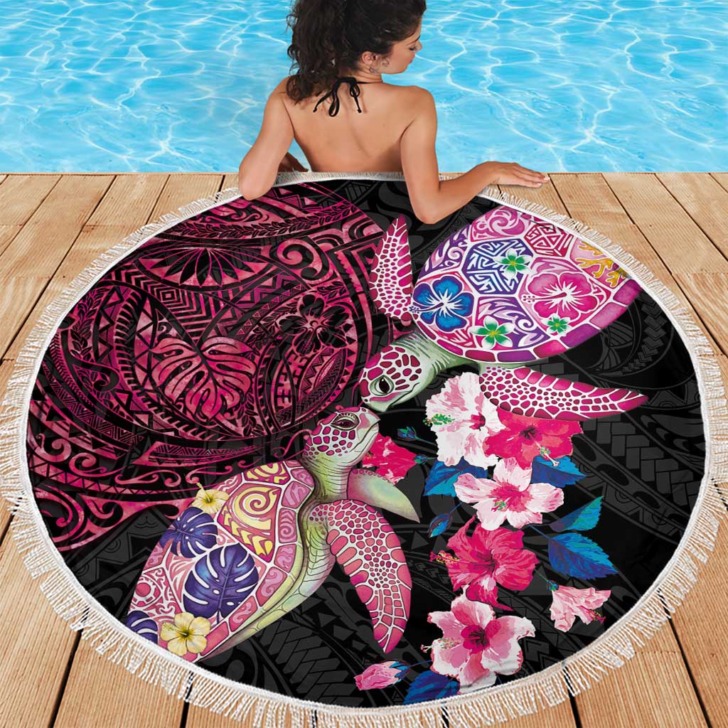 Hawaiian Couple Turtles Honi Beach Blanket Polynesian Art Motifs and Hibiscus Black Red Color LT03 - Polynesian Pride