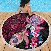 Hawaiian Couple Turtles Honi Beach Blanket Polynesian Art Motifs and Hibiscus Black Red Color LT03 - Polynesian Pride