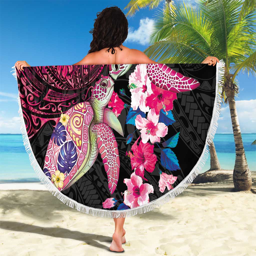 Hawaiian Couple Turtles Honi Beach Blanket Polynesian Art Motifs and Hibiscus Black Red Color LT03 - Polynesian Pride