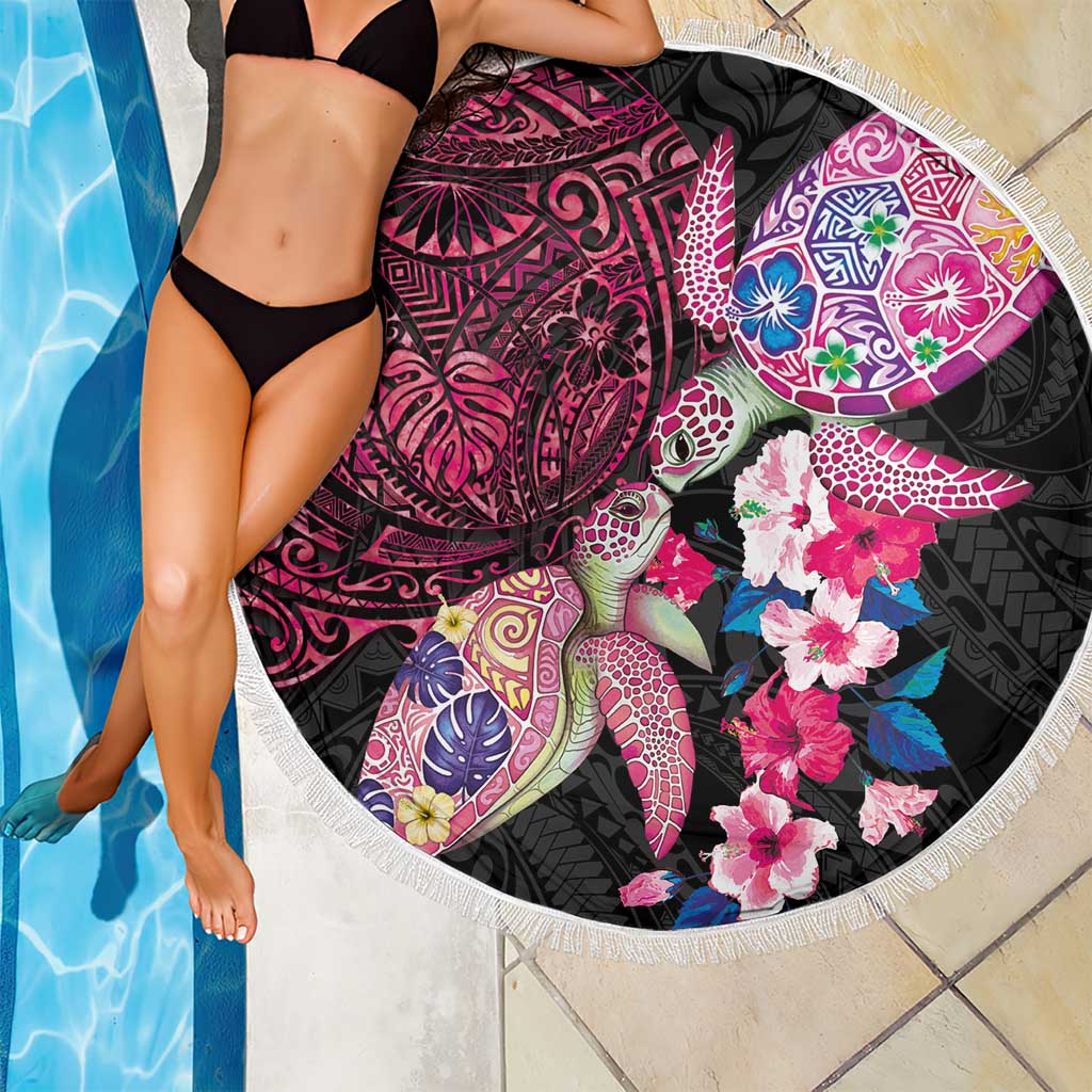 Hawaiian Couple Turtles Honi Beach Blanket Polynesian Art Motifs and Hibiscus Black Red Color LT03 - Polynesian Pride