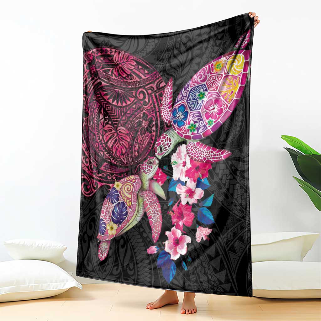 Hawaiian Couple Turtles Honi Blanket Polynesian Art Motifs and Hibiscus Black Red Color LT03 - Polynesian Pride
